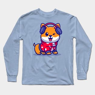 Cute Shiba Inu Dog In Winter Season Cartoon Long Sleeve T-Shirt